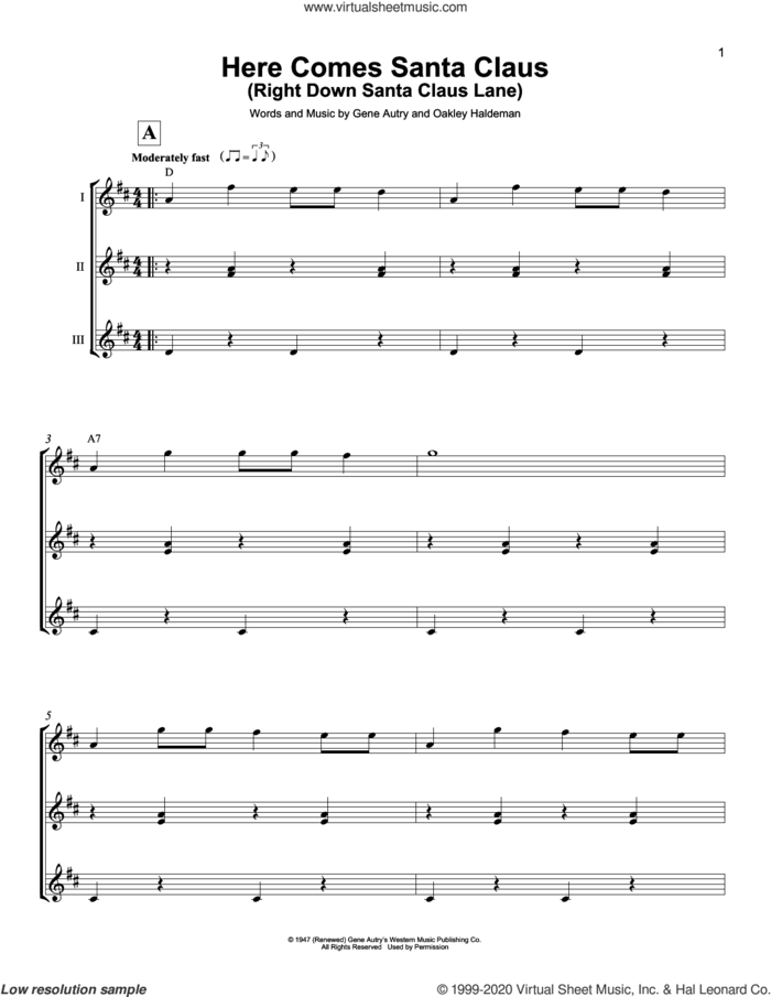 Here Comes Santa Claus (Right Down Santa Claus Lane) sheet music for ukulele ensemble by Gene Autry, Carpenters and Oakley Haldeman, intermediate skill level