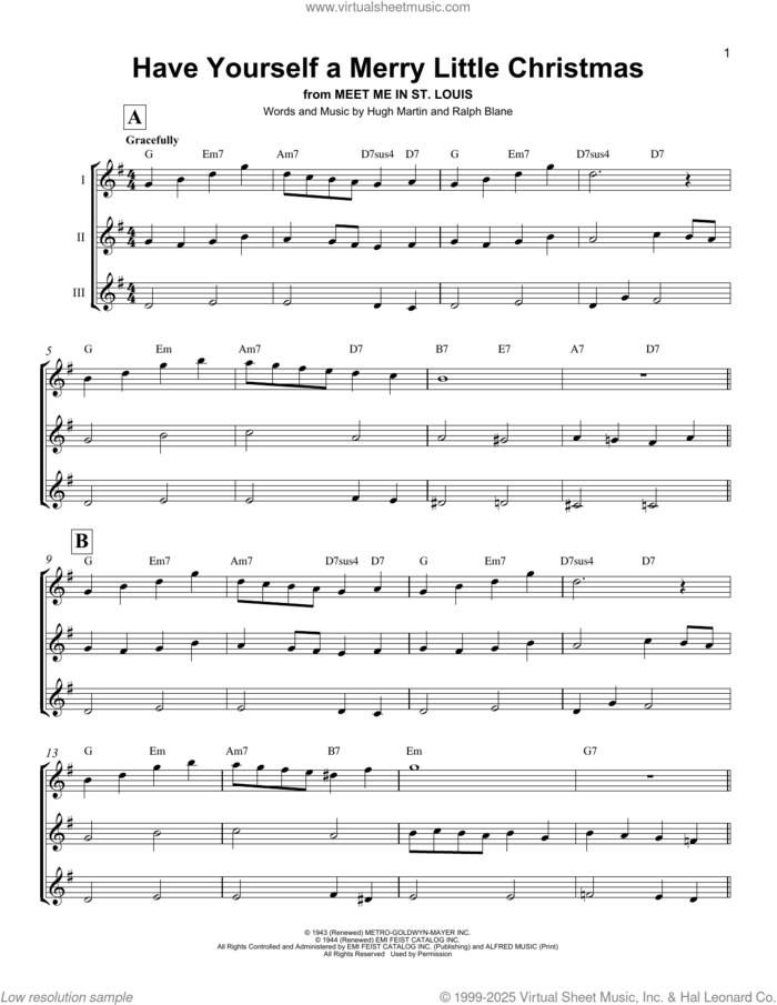 Have Yourself A Merry Little Christmas sheet music for ukulele ensemble by Hugh Martin and Ralph Blane, intermediate skill level