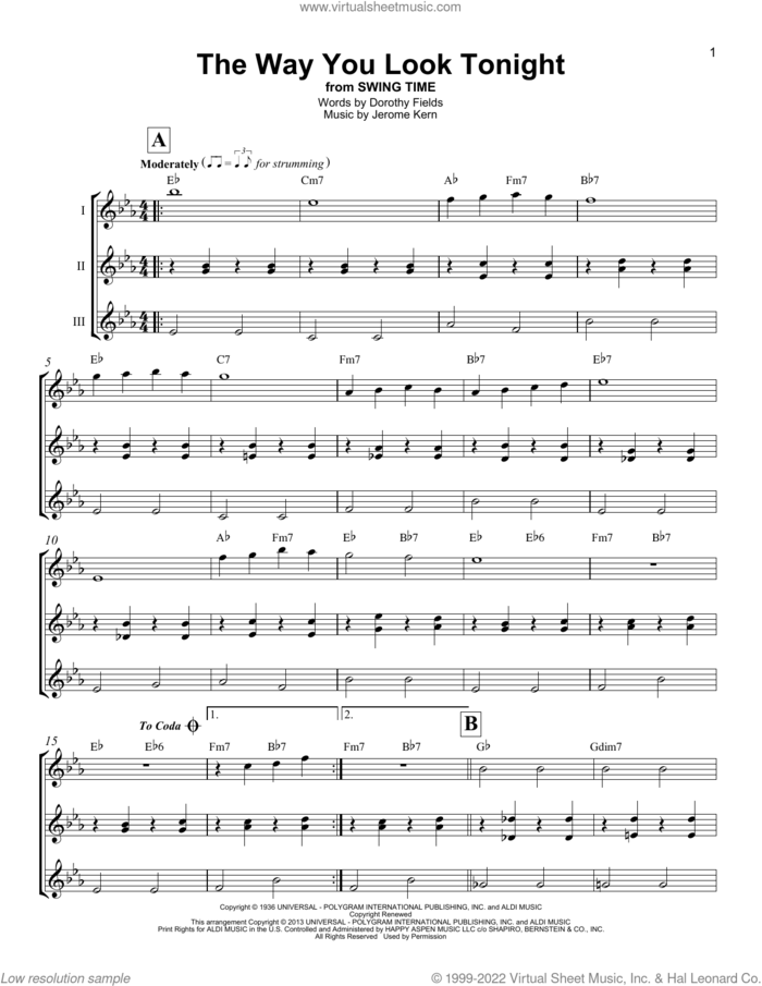 The Way You Look Tonight sheet music for ukulele ensemble by Jerome Kern and Dorothy Fields, wedding score, intermediate skill level