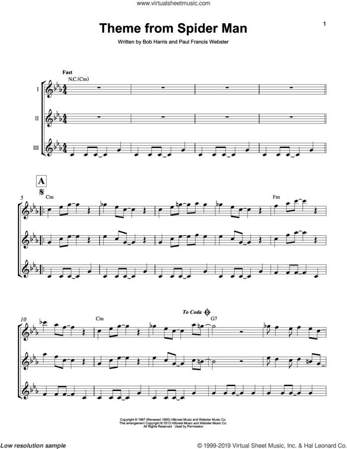 Theme From Spider-Man sheet music for ukulele ensemble by Bob Harris and Paul Francis Webster, intermediate skill level