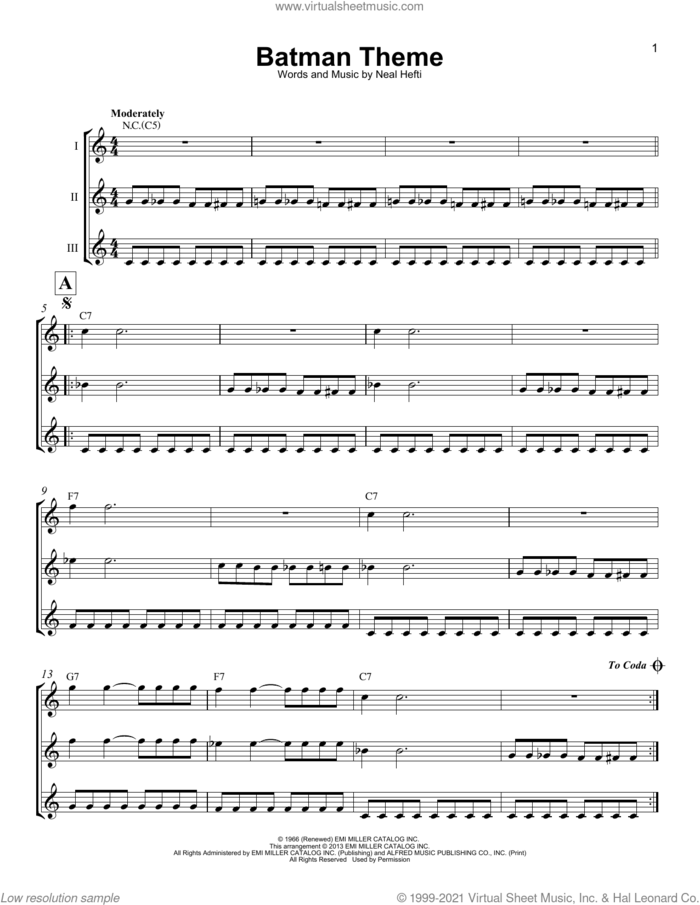 Batman Theme sheet music for ukulele ensemble by Neal Hefti, intermediate skill level