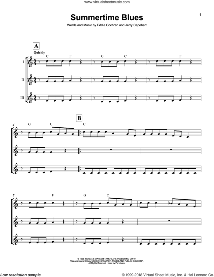 Summertime Blues sheet music for ukulele ensemble by Eddie Cochran, Blue Cheer and Jerry Capehart, intermediate skill level