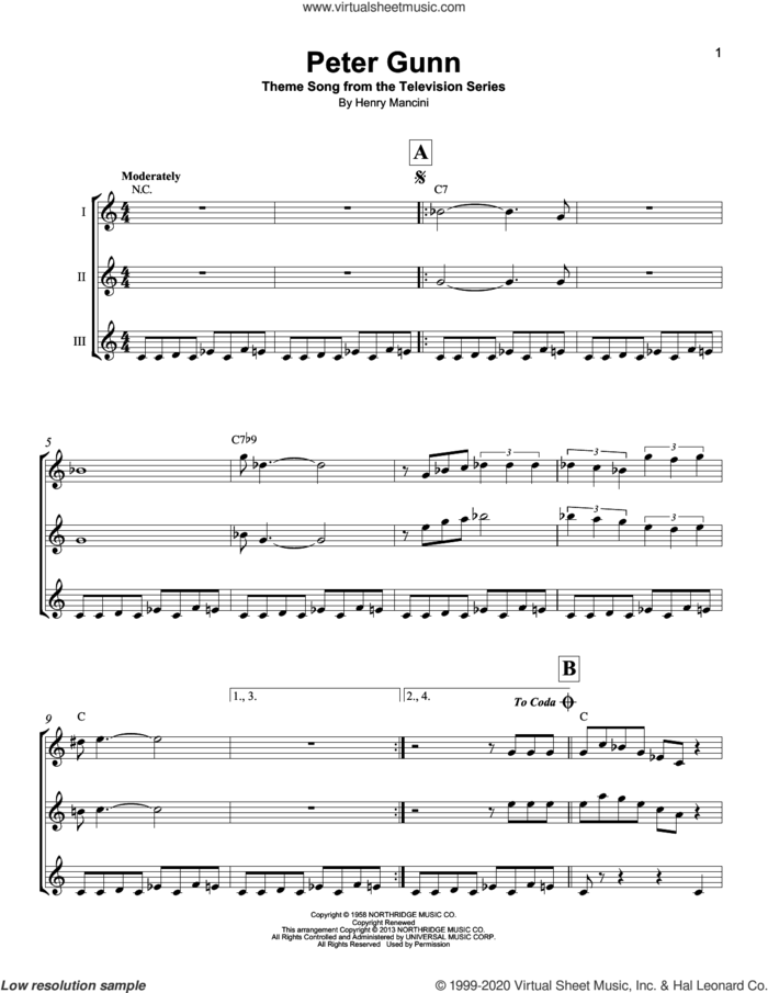 Peter Gunn sheet music for ukulele ensemble by Henry Mancini, intermediate skill level