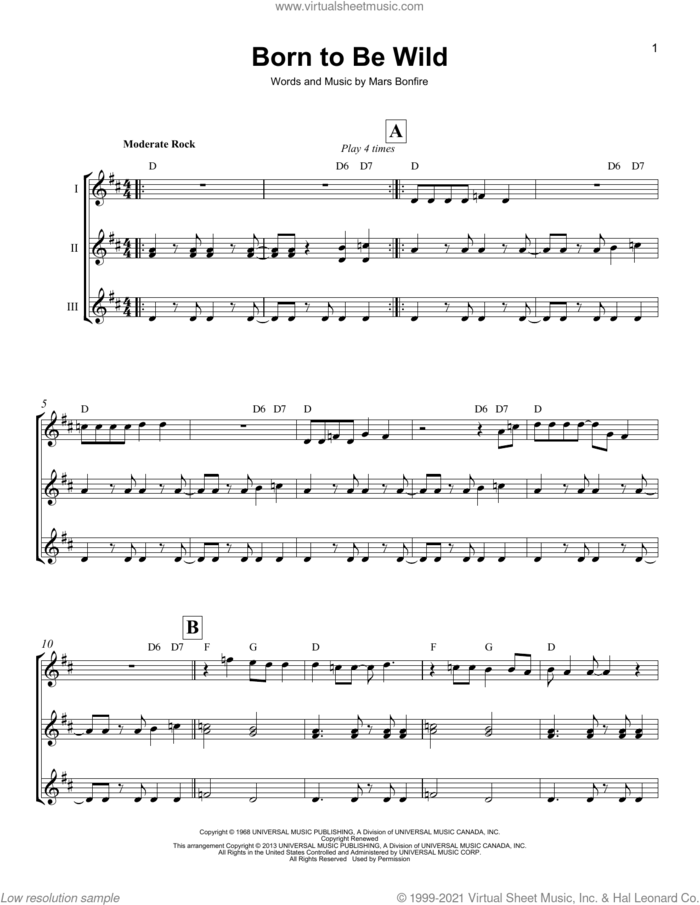 Born To Be Wild sheet music for ukulele ensemble by Steppenwolf and Mars Bonfire, intermediate skill level