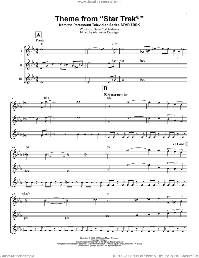 Theme From Star Trek sheet music for ukulele ensemble by Alexander Courage and Gene Roddenberry, intermediate skill level