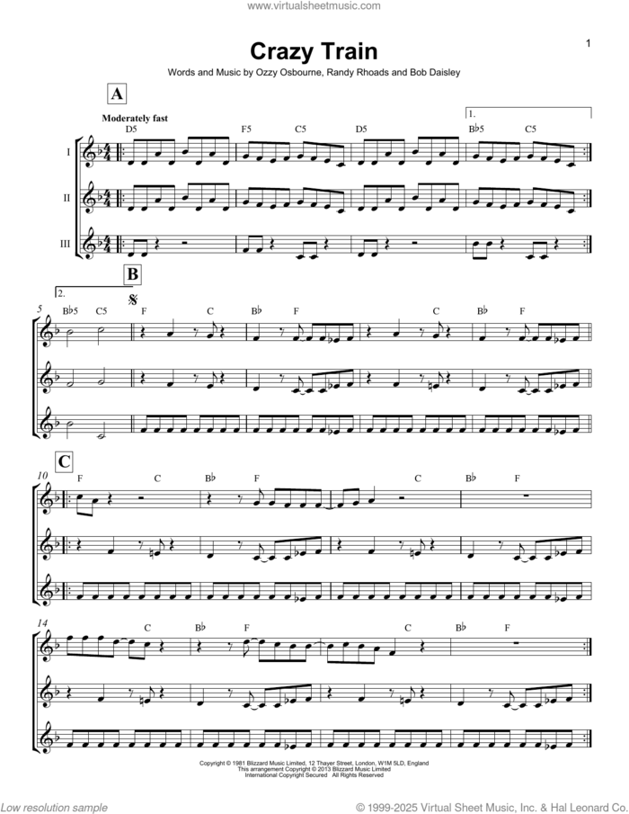 Crazy Train sheet music for ukulele ensemble by Ozzy Osbourne, Bob Daisley and Randy Rhoads, intermediate skill level