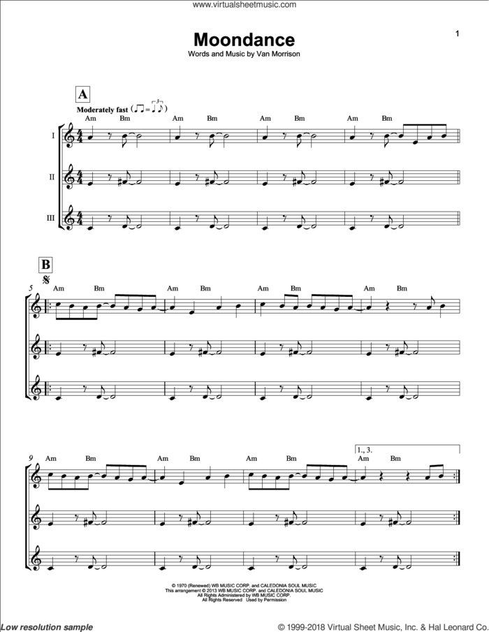 Moondance sheet music for ukulele ensemble by Van Morrison, intermediate skill level