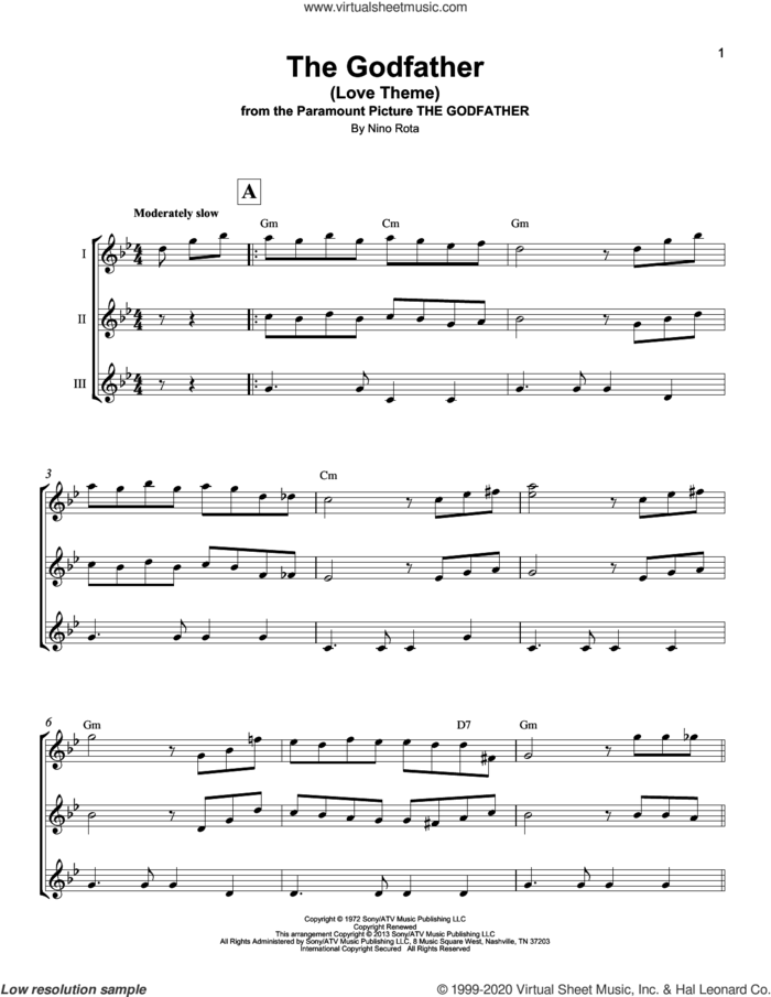 The Godfather (Love Theme) sheet music for ukulele ensemble by Nino Rota, intermediate skill level