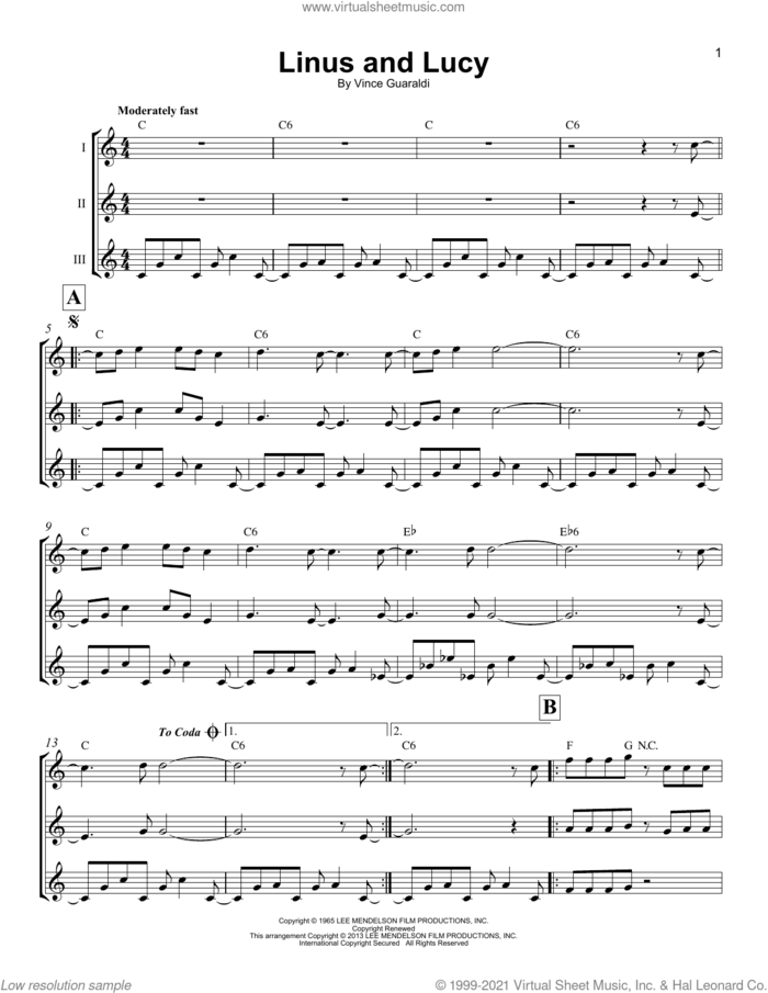Linus And Lucy sheet music for ukulele ensemble by Vince Guaraldi, intermediate skill level