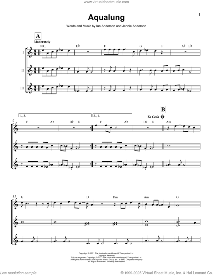 Aqualung sheet music for ukulele ensemble by Jethro Tull, Ian Anderson and Jennie Anderson, intermediate skill level