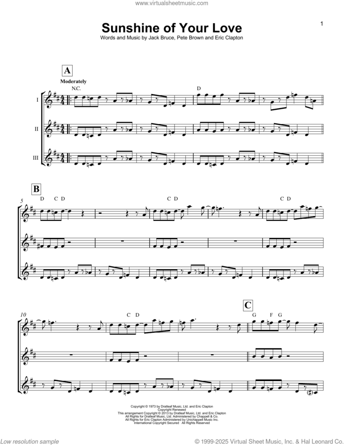 Sunshine Of Your Love sheet music for ukulele ensemble by Cream, Eric Clapton, Jack Bruce and Pete Brown, intermediate skill level