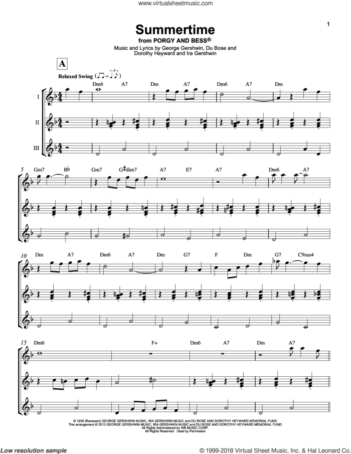 Summertime sheet music for ukulele ensemble by DuBose Heyward, Dorothy Heyward, George Gershwin and Ira Gershwin, intermediate skill level