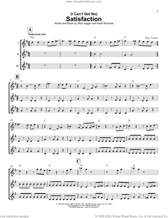 (I Can't Get No) Satisfaction sheet music for ukulele ensemble by The Rolling Stones, Keith Richards and Mick Jagger, intermediate skill level