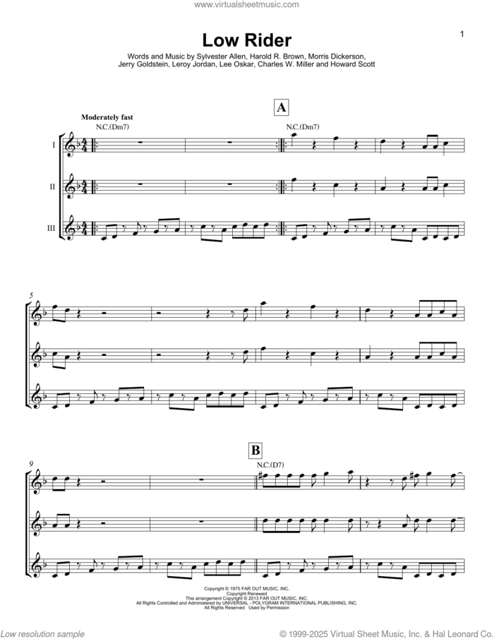 Low Rider sheet music for ukulele ensemble by War, Charles W. Miller, Harold R. Brown, Howard Scott, Jerry Goldstein, Lee Oskar, Leroy Jordan, Morris Dickerson and Sylvester Allen, intermediate skill level