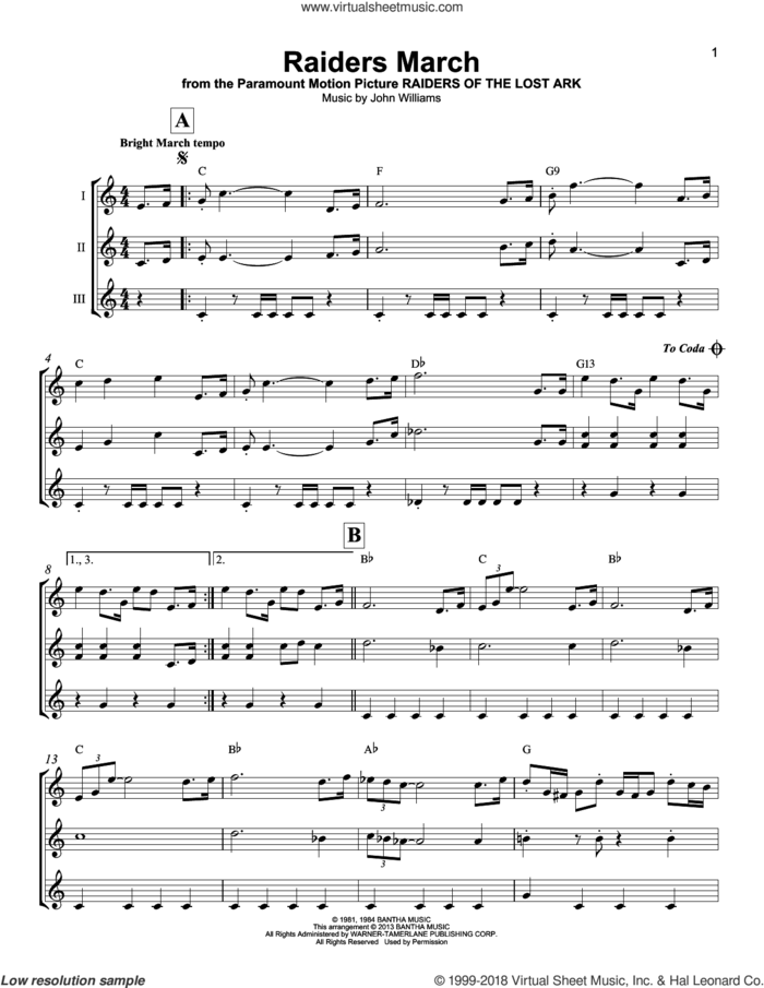 Raiders March sheet music for ukulele ensemble by John Williams, intermediate skill level