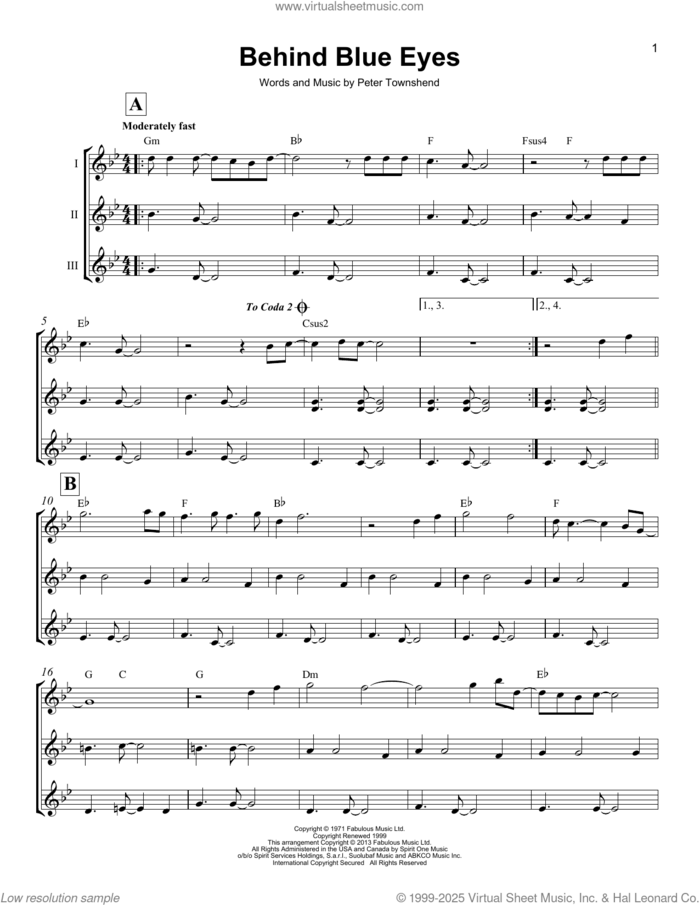 Behind Blue Eyes sheet music for ukulele ensemble by The Who and Pete Townshend, intermediate skill level