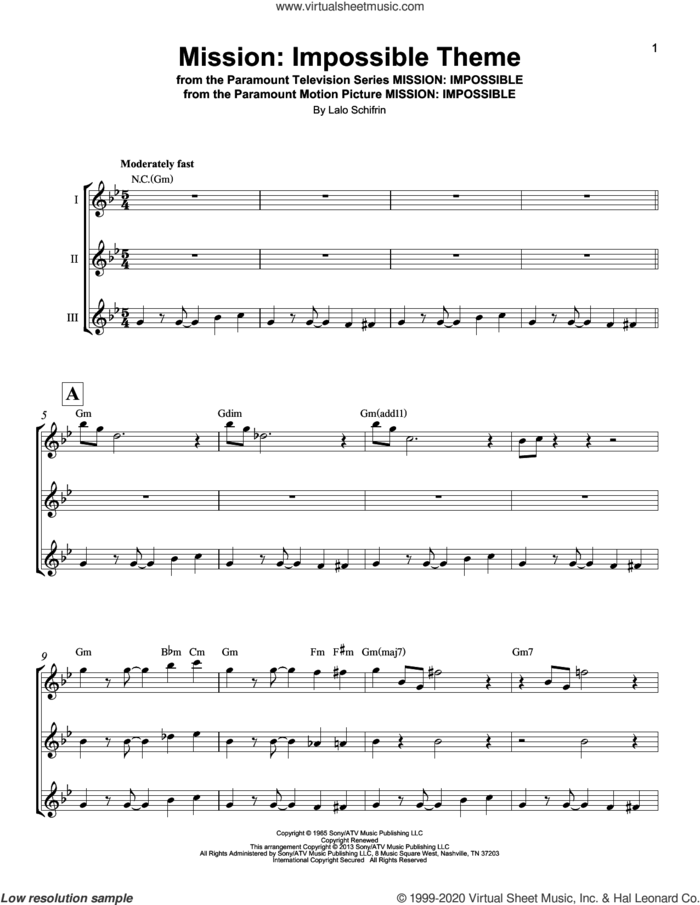 Mission: Impossible Theme sheet music for ukulele ensemble by Lalo Schifrin and Adam Clayton and Larry Mullen, intermediate skill level