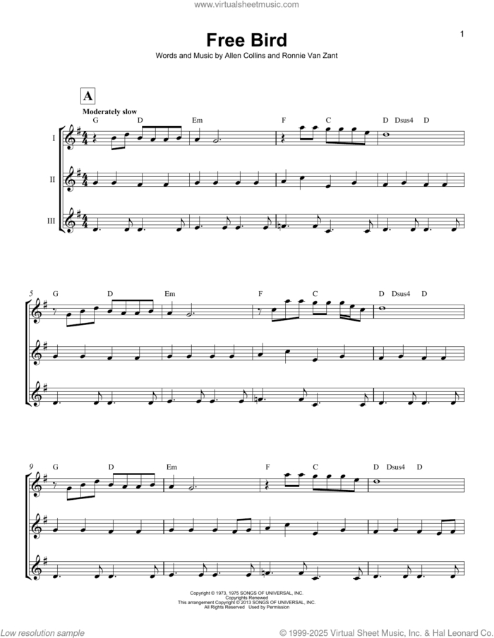 Free Bird sheet music for ukulele ensemble by Lynyrd Skynyrd, Allen Collins and Ronnie Van Zant, intermediate skill level