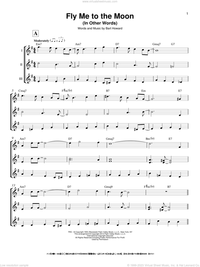 Fly Me To The Moon (In Other Words) sheet music for ukulele ensemble by Bart Howard and Tony Bennett, wedding score, intermediate skill level