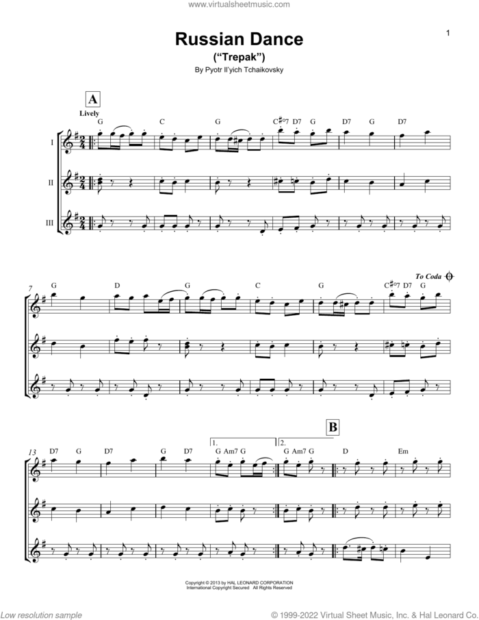 Russian Dance (Trepak) (from The Nutcracker) sheet music for ukulele ensemble by Pyotr Ilyich Tchaikovsky, classical score, intermediate skill level