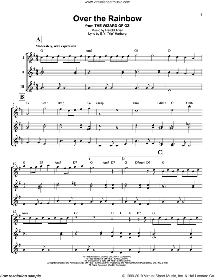 Over The Rainbow sheet music for ukulele ensemble by Harold Arlen and E.Y. Harburg, intermediate skill level