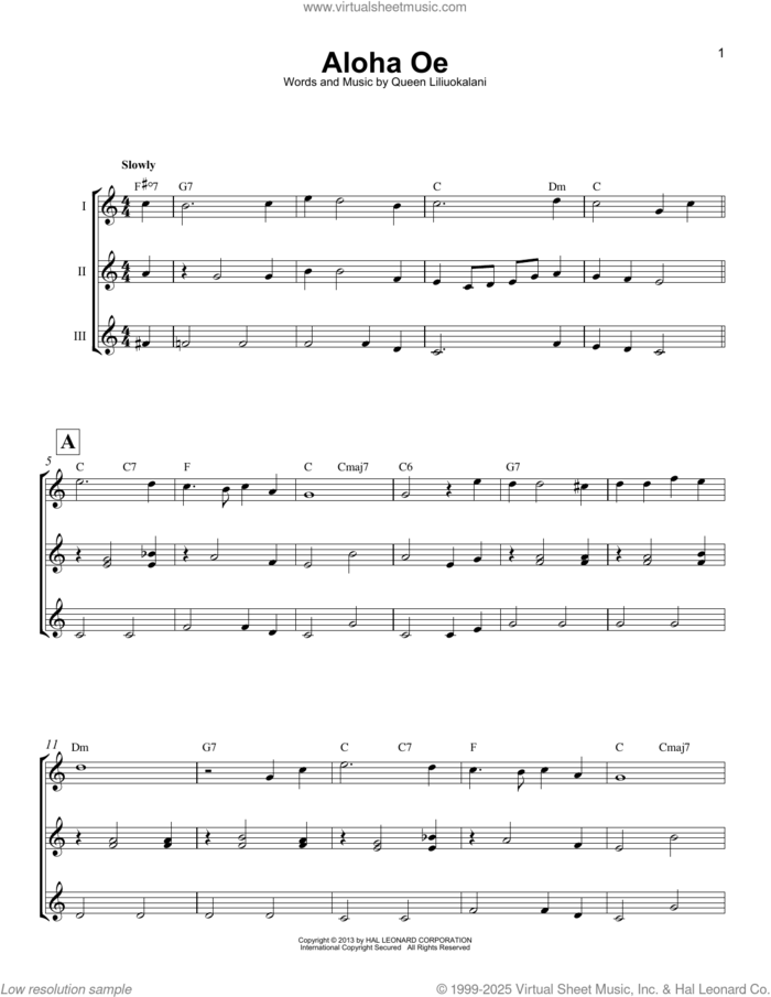 Aloha Oe sheet music for ukulele ensemble by Queen Liliuokalani, intermediate skill level