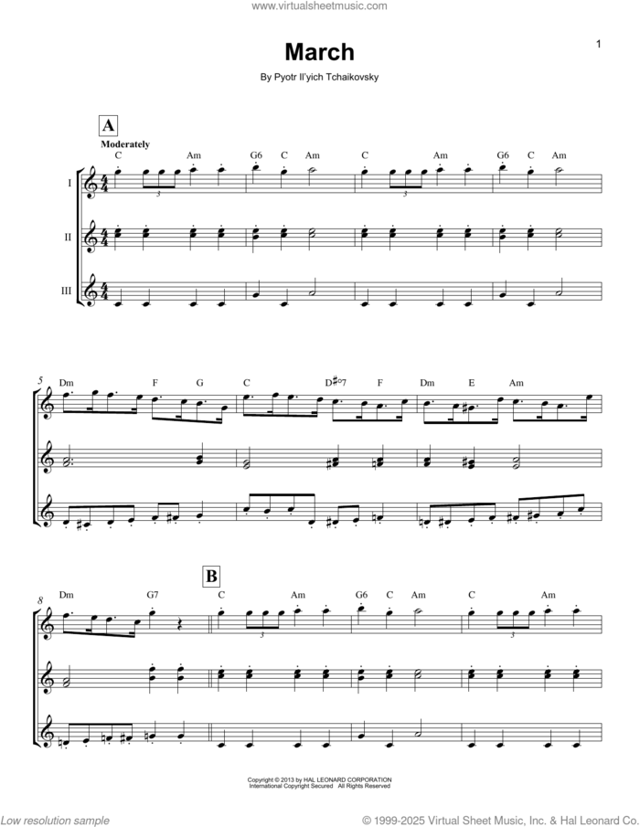 March sheet music for ukulele ensemble by Pyotr Ilyich Tchaikovsky, classical score, intermediate skill level