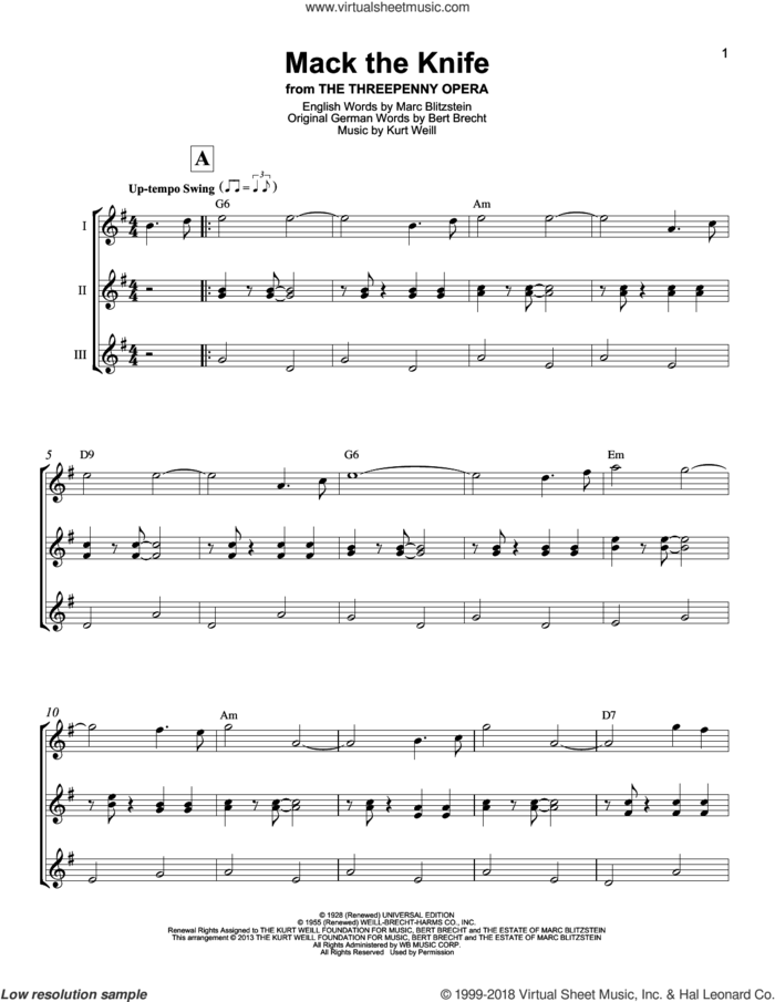 Mack The Knife sheet music for ukulele ensemble by Bobby Darin, Bertolt Brecht, Kurt Weill and Marc Blitzstein, intermediate skill level