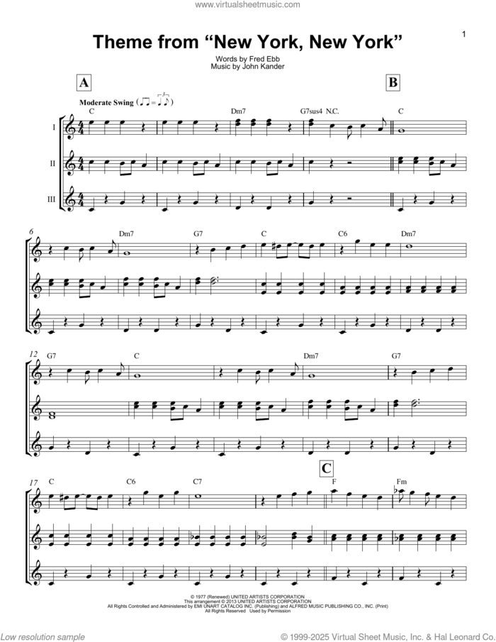 Theme From 'New York, New York' sheet music for ukulele ensemble by Frank Sinatra, Fred Ebb and John Kander, intermediate skill level