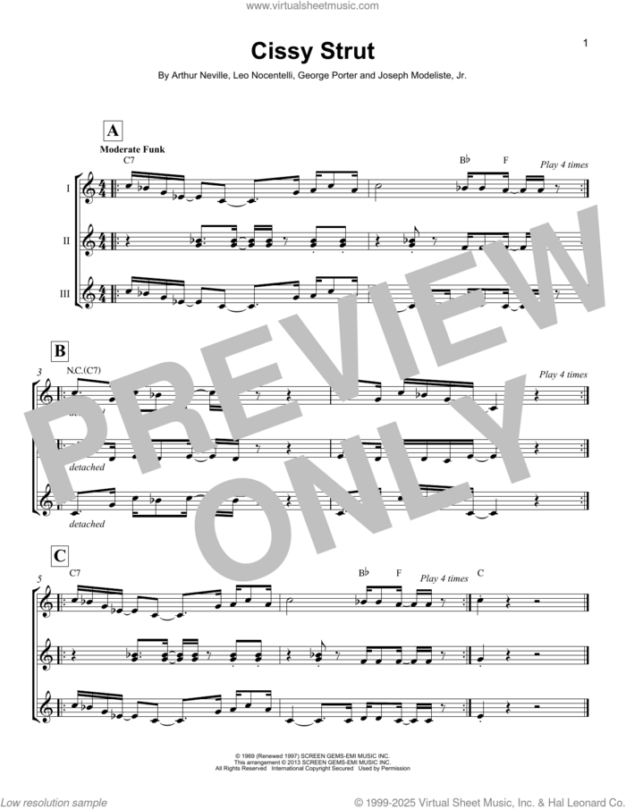 Cissy Strut sheet music for ukulele ensemble by The Meters, Arthur Neville, George Porter, Joseph Modeliste, Jr. and Leo Nocentelli, intermediate skill level