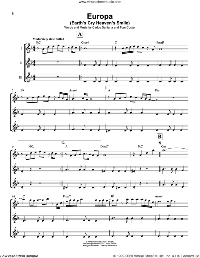 Europa sheet music for ukulele ensemble by Carlos Santana and Tom Coster, intermediate skill level