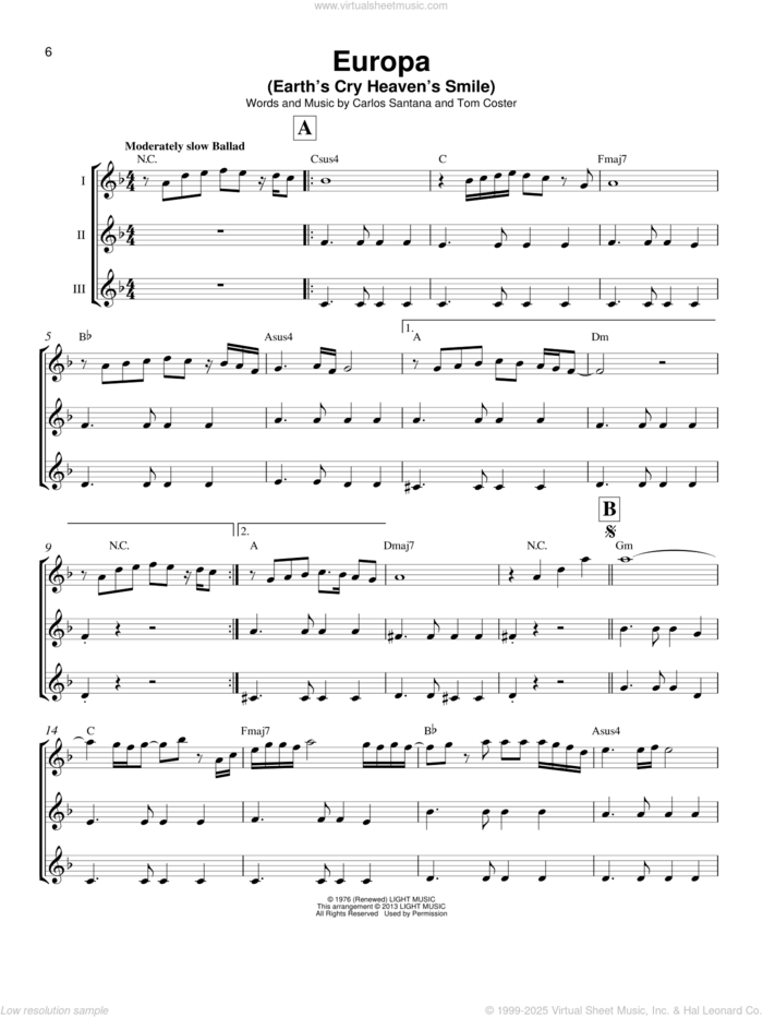 Europa sheet music for ukulele ensemble by Carlos Santana and Tom Coster, intermediate skill level