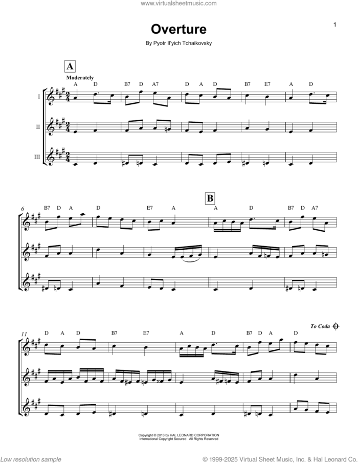 Overture sheet music for ukulele ensemble by Pyotr Ilyich Tchaikovsky, classical score, intermediate skill level