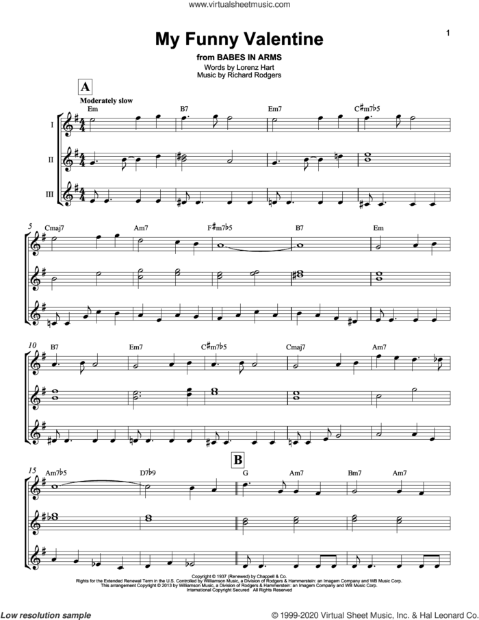 My Funny Valentine sheet music for ukulele ensemble by Rodgers & Hart, Lorenz Hart and Richard Rodgers, wedding score, intermediate skill level