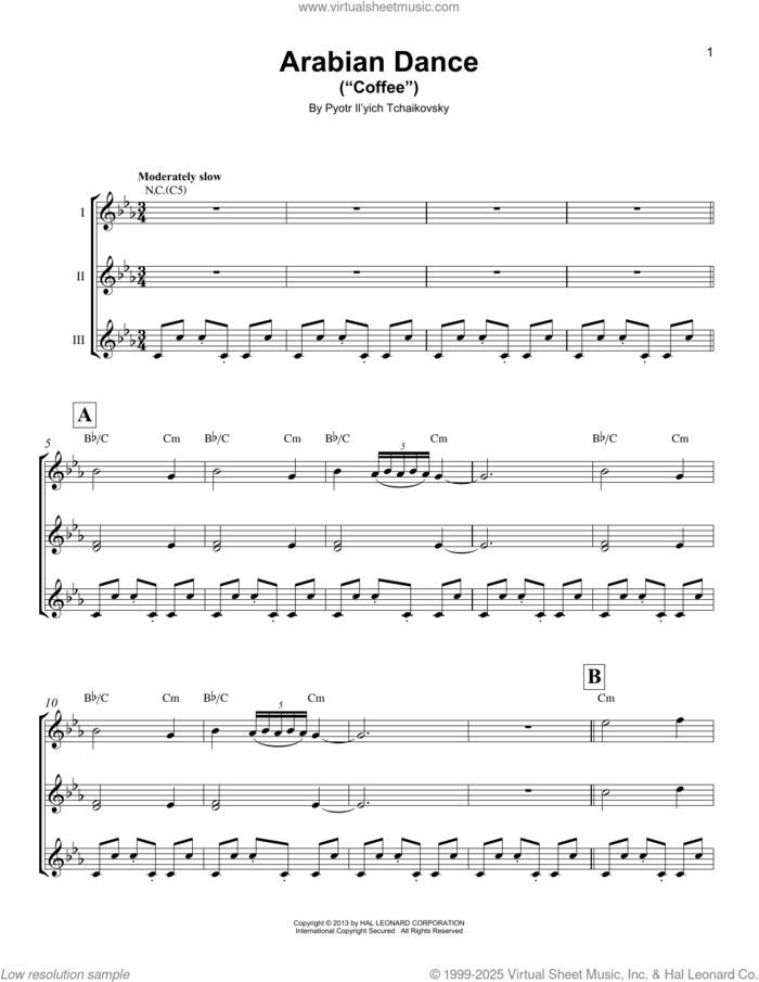 Arabian Dance (Coffee) sheet music for ukulele ensemble by Pyotr Ilyich Tchaikovsky, classical score, intermediate skill level