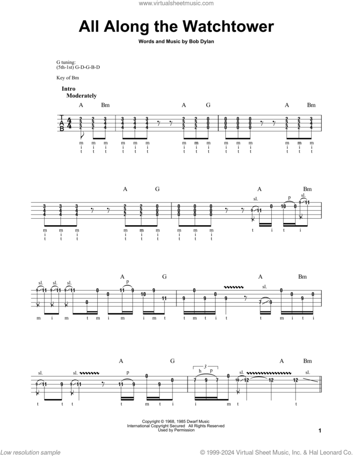 All Along The Watchtower sheet music for banjo solo by Jimi Hendrix and Bob Dylan, intermediate skill level