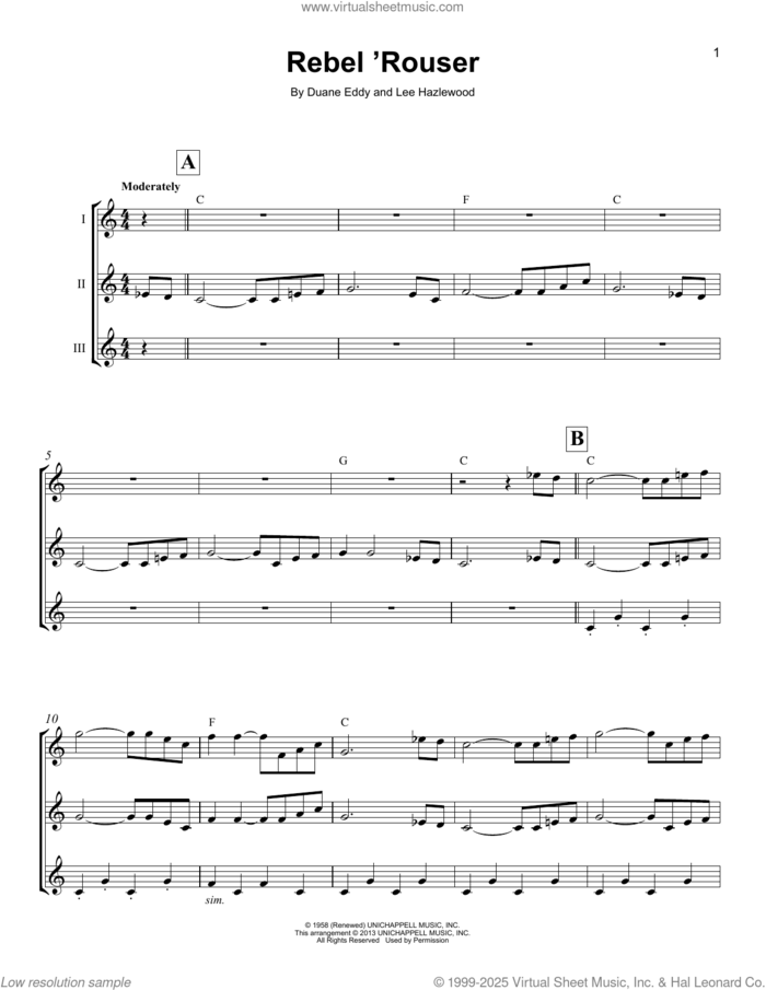 Rebel 'Rouser sheet music for ukulele ensemble by Duane Eddy and Lee Hazlewood, intermediate skill level