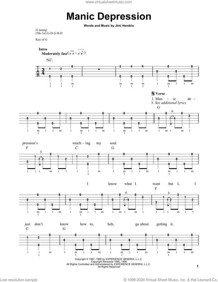 Manic Depression sheet music for banjo solo by Jimi Hendrix, intermediate skill level