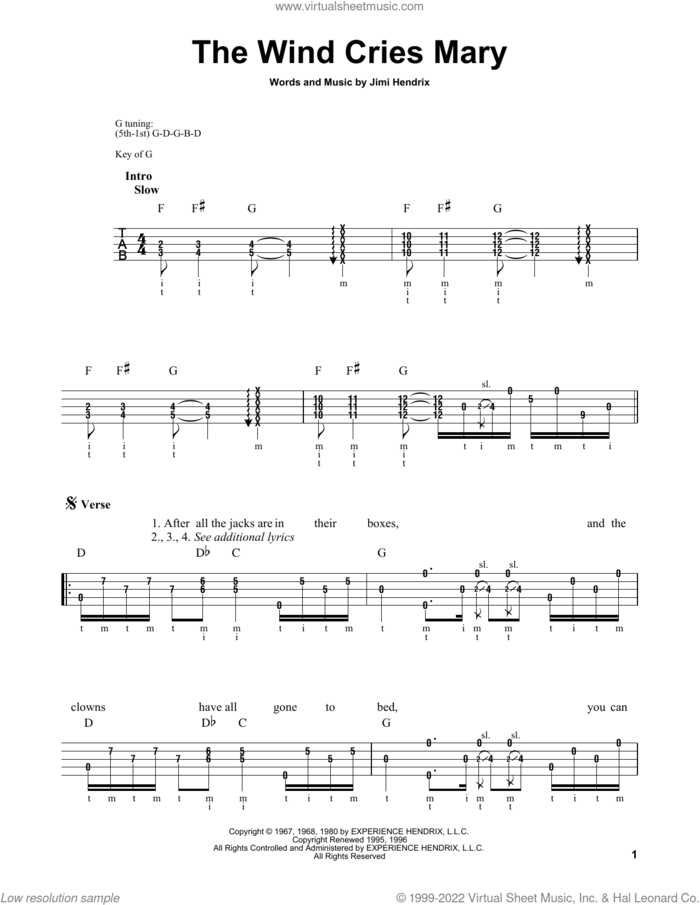 The Wind Cries Mary sheet music for banjo solo by Jimi Hendrix, intermediate skill level