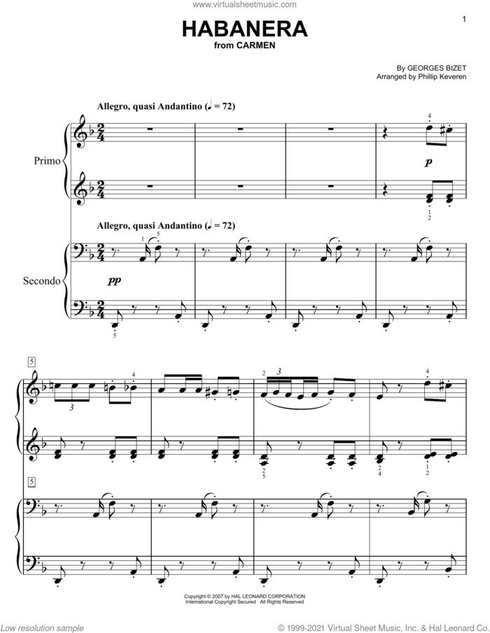 Habanera (arr. Phillip Keveren) sheet music for piano four hands by Georges Bizet and Phillip Keveren, classical score, easy skill level