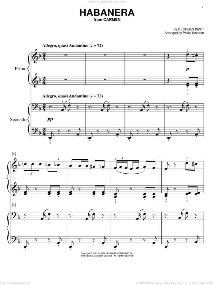 Habanera (arr. Phillip Keveren) sheet music for piano four hands by Georges Bizet and Phillip Keveren, classical score, easy skill level