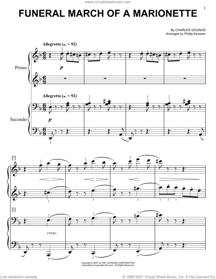 Funeral March Of A Marionette (arr. Phillip Keveren) sheet music for piano four hands by Charles Gounod and Phillip Keveren, classical score, easy skill level