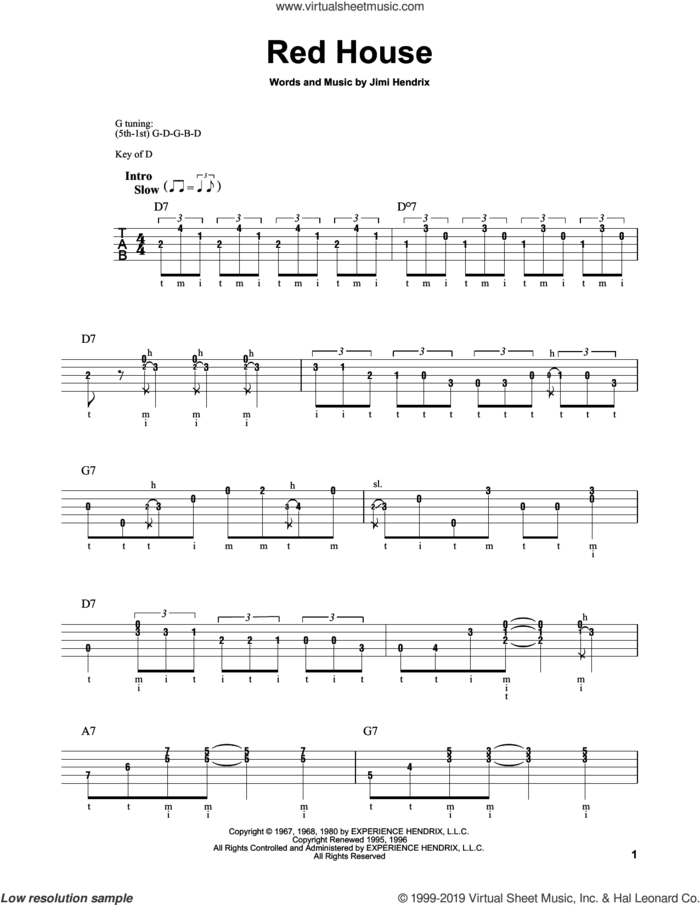 Red House sheet music for banjo solo by Jimi Hendrix, intermediate skill level