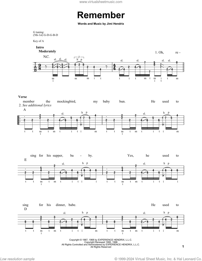 Remember sheet music for banjo solo by Jimi Hendrix, intermediate skill level