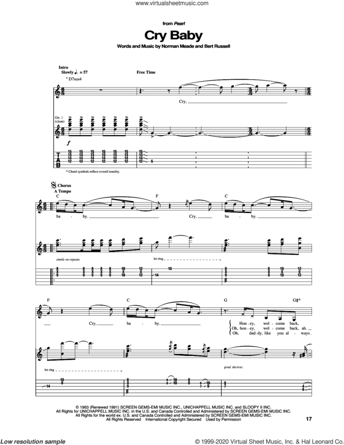 Cry Baby sheet music for guitar (tablature) by Janis Joplin, Bert Russell and Norman Meade, intermediate skill level