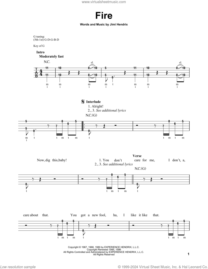 Fire sheet music for banjo solo by Jimi Hendrix, intermediate skill level