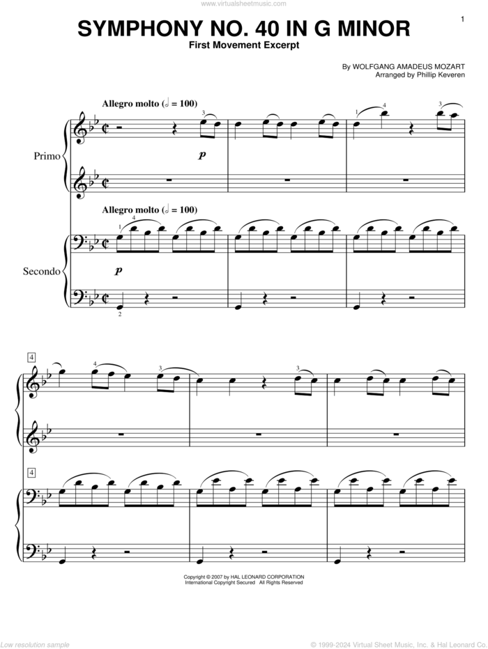 Symphony No. 40 In G Minor, First Movement Excerpt (arr. Phillip Keveren) sheet music for piano four hands by Wolfgang Amadeus Mozart and Phillip Keveren, classical score, easy skill level