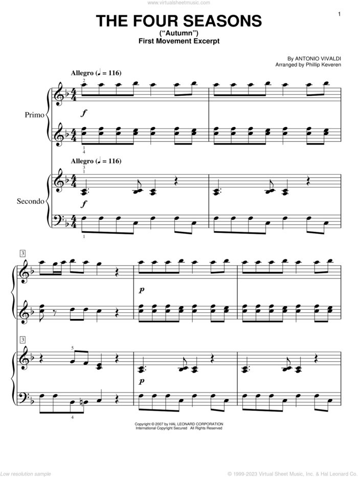 The Four Seasons ('Autumn') (arr. Phillip Keveren) sheet music for piano four hands by Antonio Vivaldi and Phillip Keveren, classical score, easy skill level