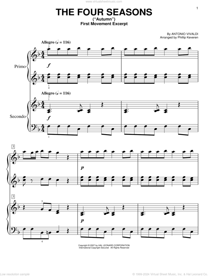 The Four Seasons ('Autumn') (arr. Phillip Keveren) sheet music for piano four hands by Antonio Vivaldi and Phillip Keveren, classical score, easy skill level