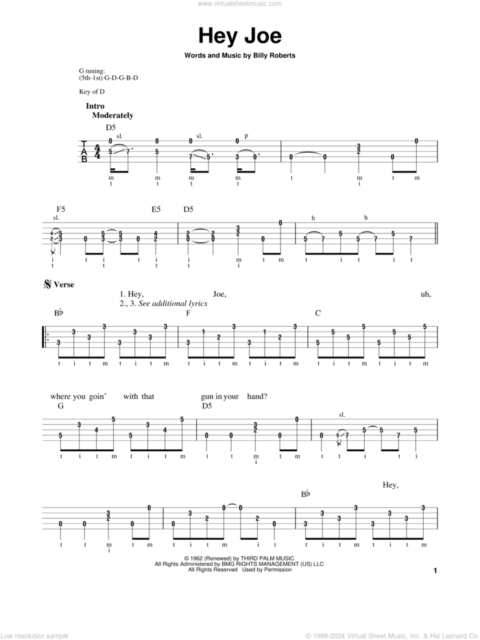 Hey Joe sheet music for banjo solo by Jimi Hendrix and Billy Roberts, intermediate skill level